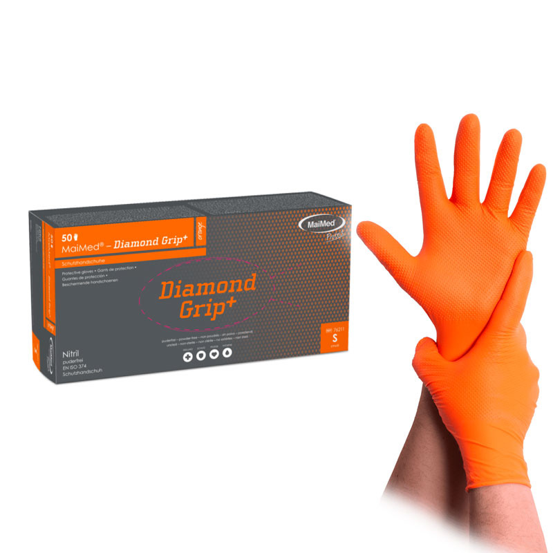 Nitriilkindad – MaiMed Diamond Grip+ – oranžid – suurus S, 50 tk