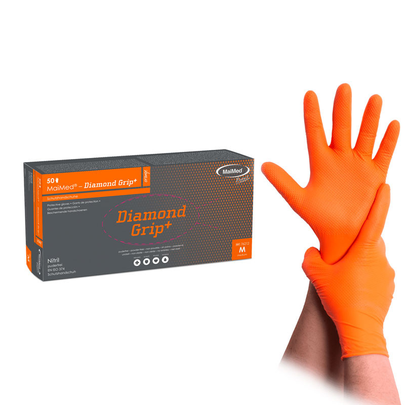 Nitriilkindad – MaiMed Diamond Grip+ – oranžid – suurus M, 50 tk